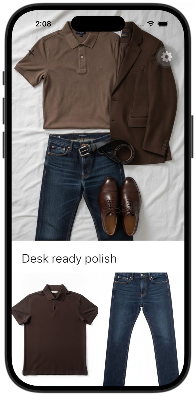 A look laid flat on a white bed sheet, with the polo and jeans from the wardrobe shown underneath