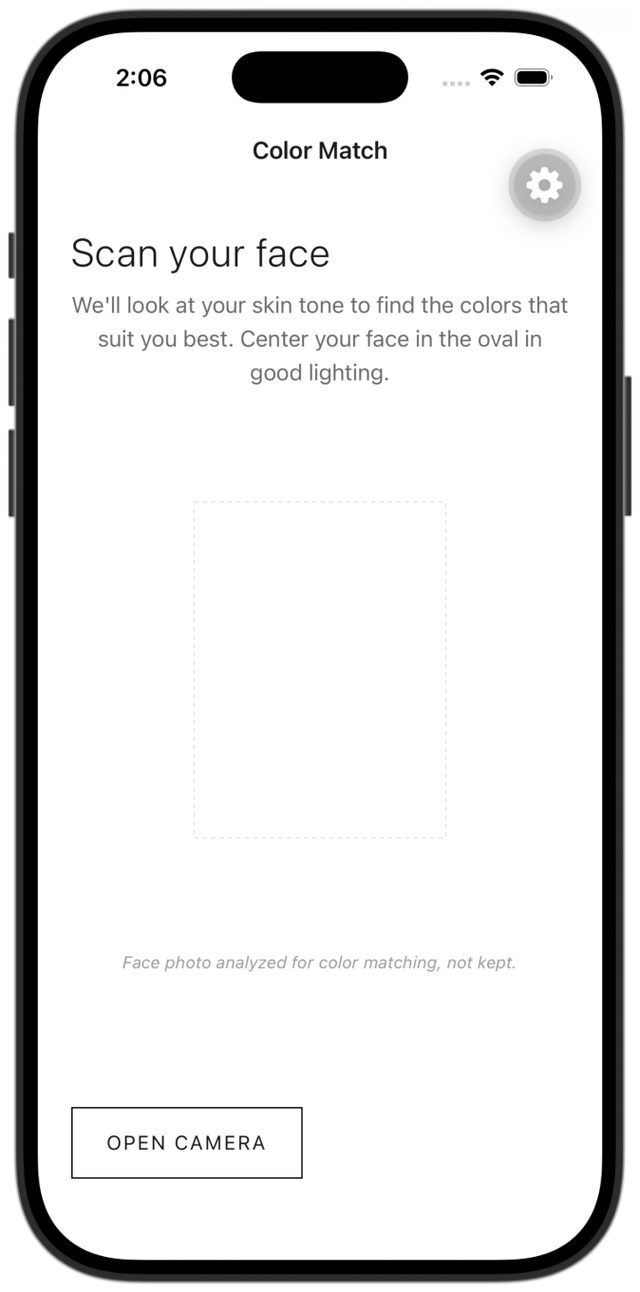 The Color Match screen: Scan your face. Face photo analyzed for color matching, not kept.
