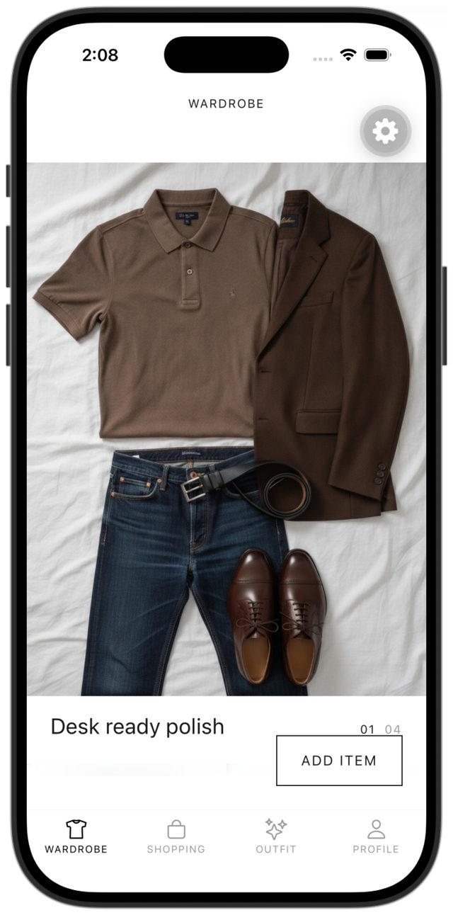 The Rombi Wardrobe app showing today’s first look, “Desk ready polish,” laid flat on a white bed sheet