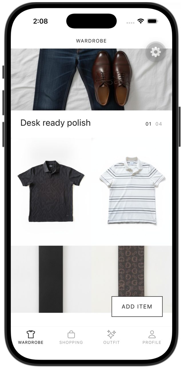 The Wardrobe tab showing garments as clean product photos